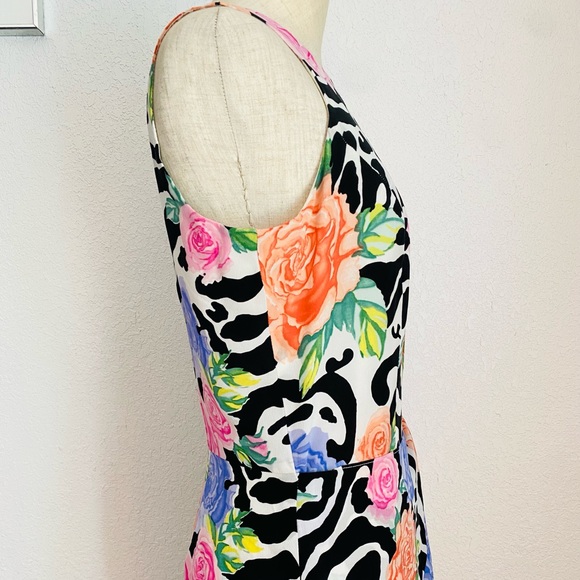 Vintage 90s Maxi Sleeveless Silk Black and White Colorful Floral Pattern Dress - Picture 7 of 16